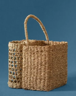 Hand-Woven Seagrass Basket with Handle & Bottle Holder